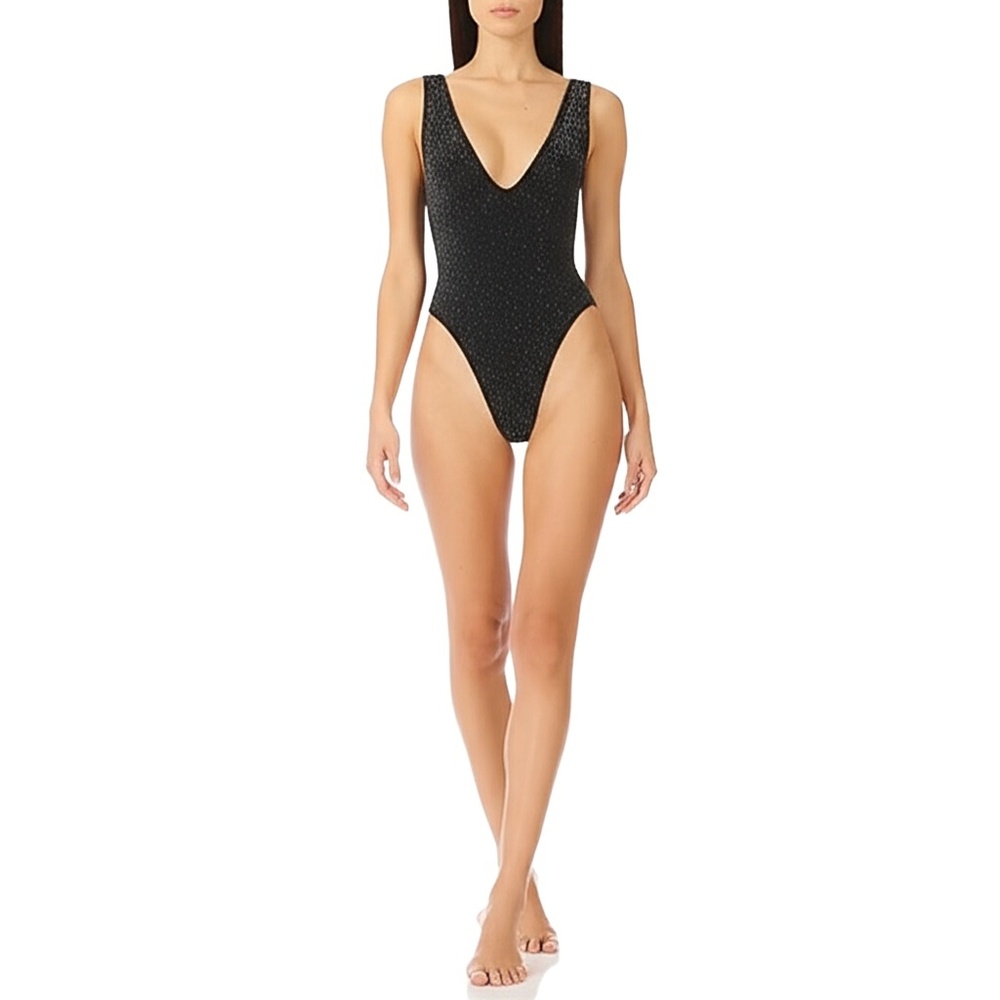 SUZETTE COLLECTION Black Glitter‎ V-Neck Thong Bodysuit Womens Small/Medium